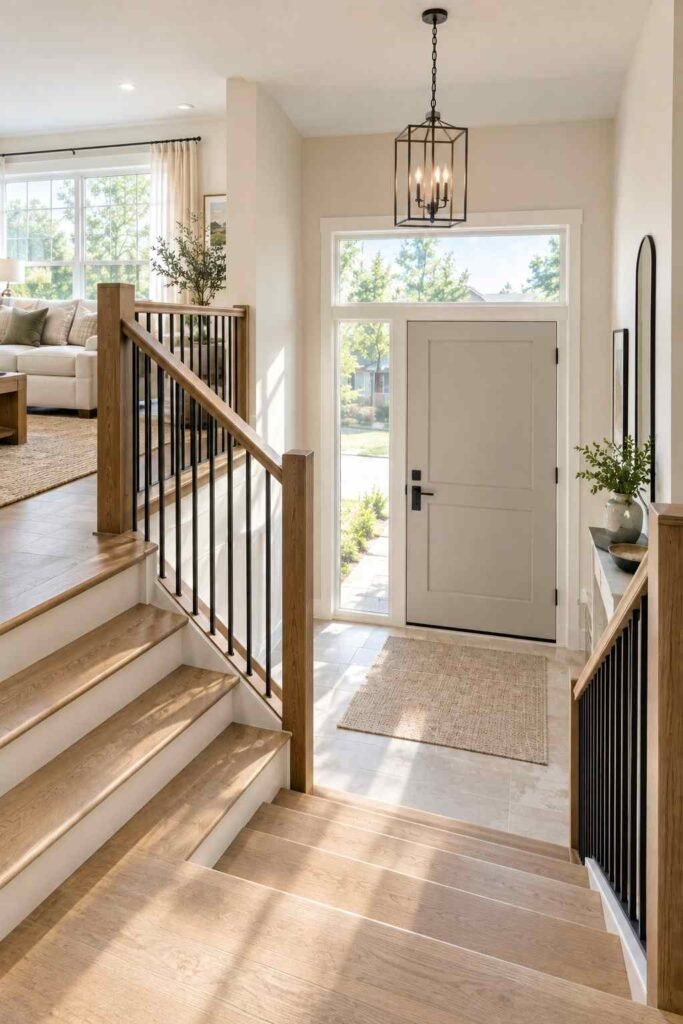 Open metal and wood stair railing replacing a solid wall in a remodeled split foyer