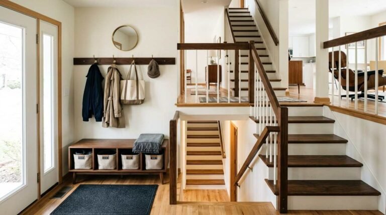 Organization hacks for a split foyer entryway shown with a walnut cubby bench, brass hooks, and clear stair sightlines