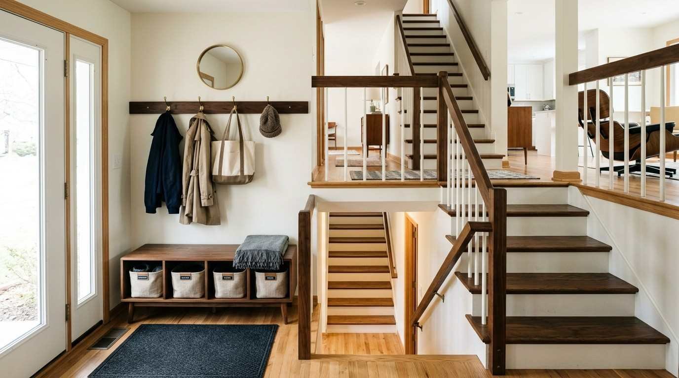 Organization hacks for a split foyer entryway shown with a walnut cubby bench, brass hooks, and clear stair sightlines