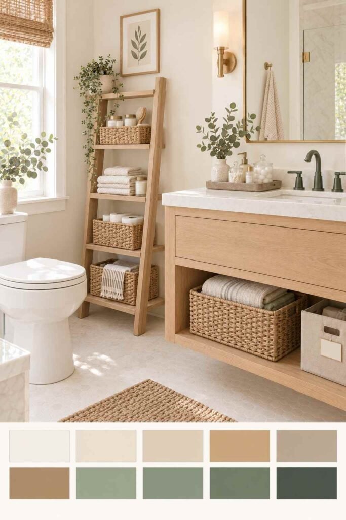 Bathroom Storage Ideas for Toiletries: 30 Smart Ways to Organize Every Space 20 Tidy bathroom with a wood vanity, ladder shelf, and bench, with a warm spa color palette strip below