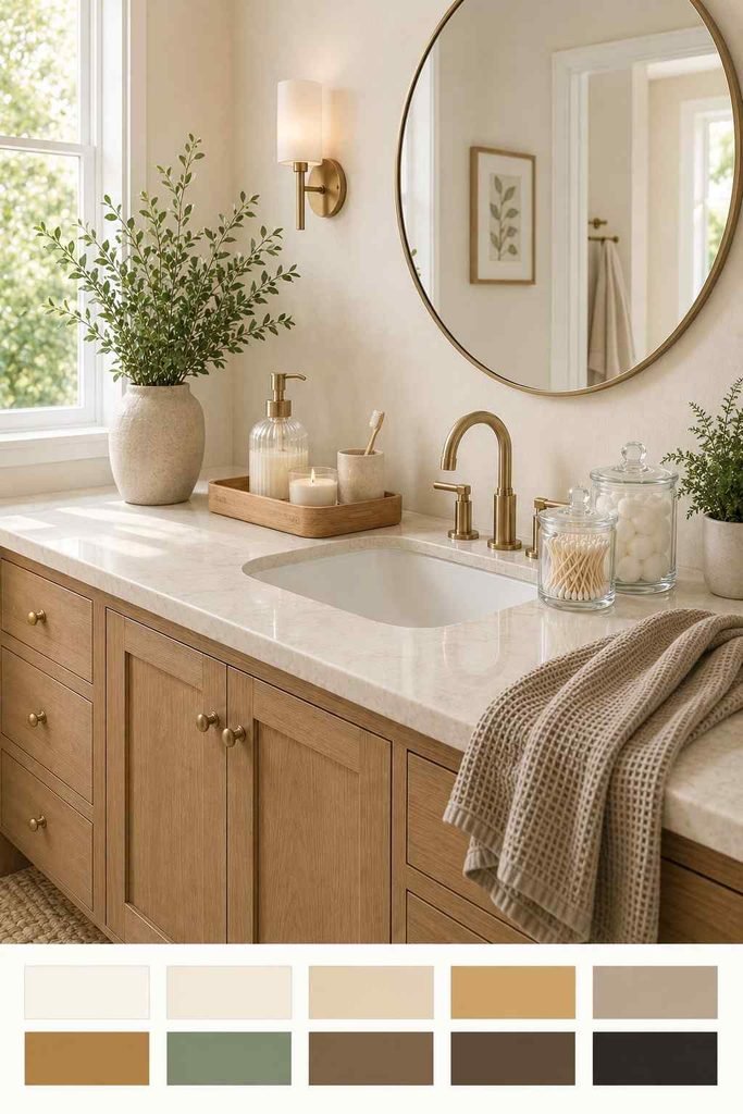 Fully organized bathroom vanity with brass faucet, wood tray and plant, with a warm neutral color palette strip below