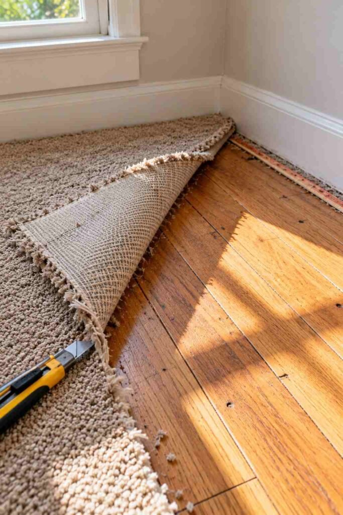Peeled-back carpet corner revealing original hardwood floor in an older home.