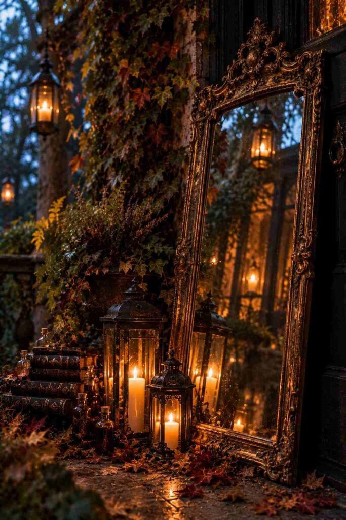 Tall ornate gold-framed mirror propped against a porch wall with candles on the floor.