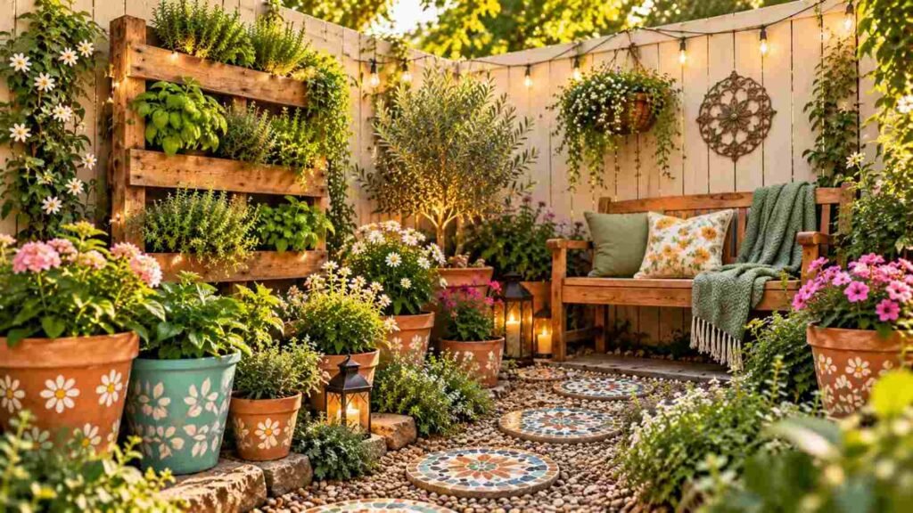 Handmade garden with terracotta pots, pallet planter, and mosaic path