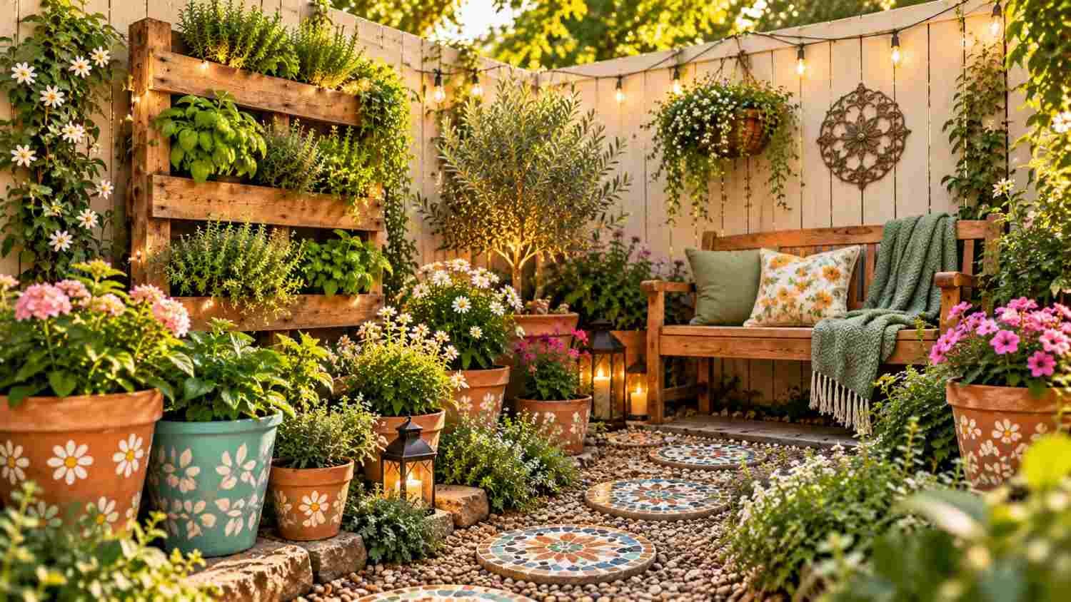 Handmade garden with terracotta pots, pallet planter, and mosaic path