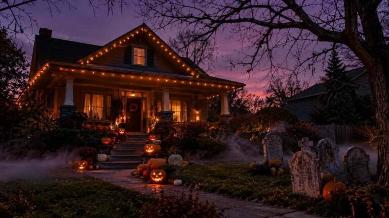 outdoor Halloween decoration yard with glowing jack-o’-lanterns, fog, and tombstones