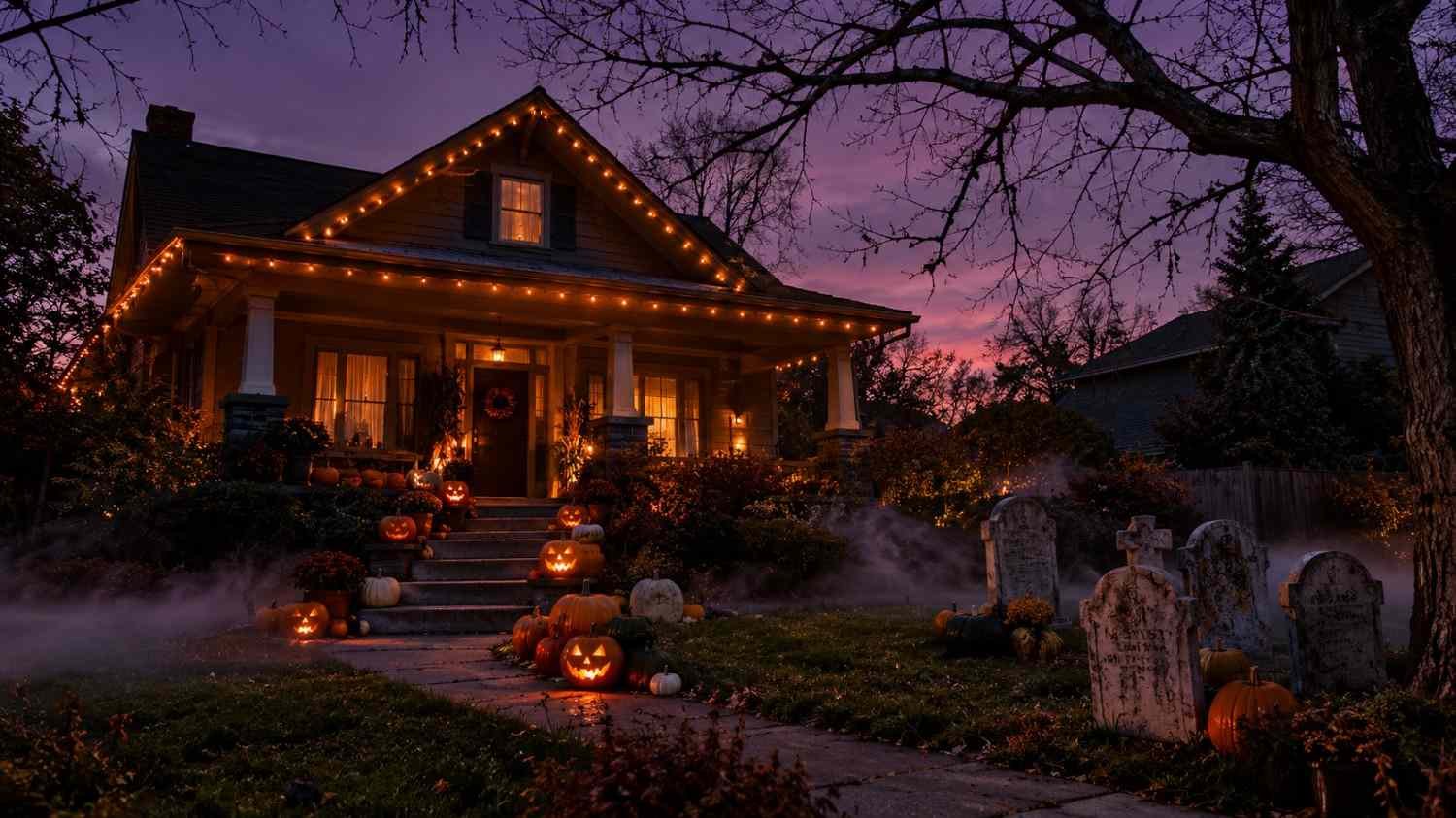 outdoor Halloween decoration yard with glowing jack-o’-lanterns, fog, and tombstones