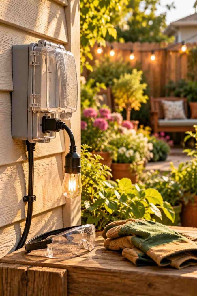 28 Budget-Friendly Outdoor Decorations DIY Garden Projects for Every Season 4 Weatherproof outdoor GFCI outlet with string light plug beside safety glasses and gloves