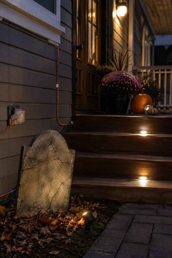 Well-lit porch steps with a secured outdoor cord and an anchored tombstone for safe Halloween decorating.