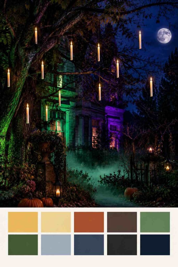 Moonlit garden with floating candles and colored floodlights for outdoor decorations Halloween, above a 10-color palette strip