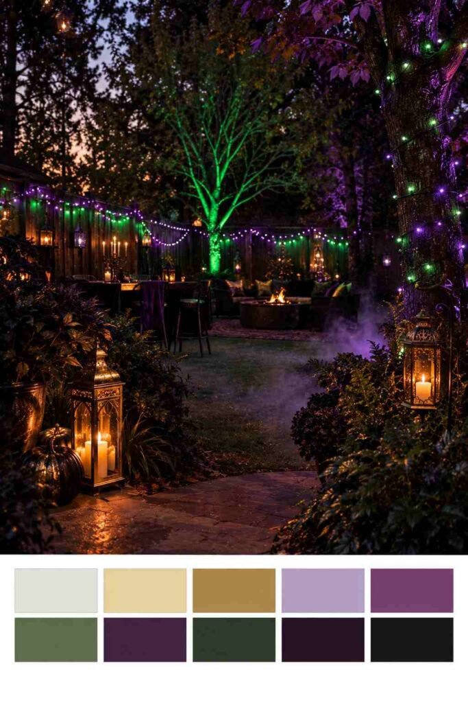 Backyard lit with purple and green string lights and fog; color palette strip below shows purple, forest green, black, and gold.