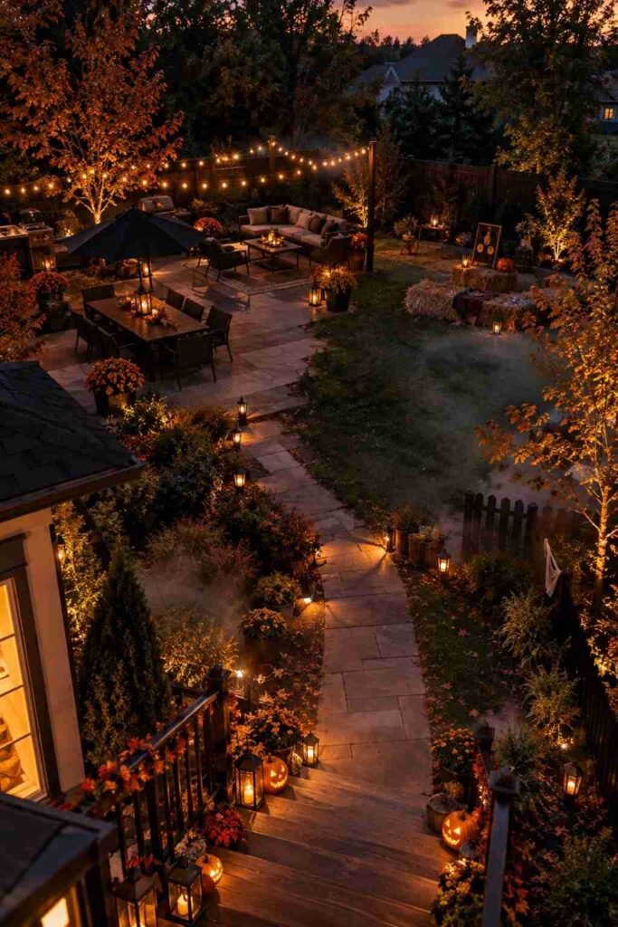Backyard at dusk arranged into entrance, gathering, and activity zones for an outdoor Halloween party.