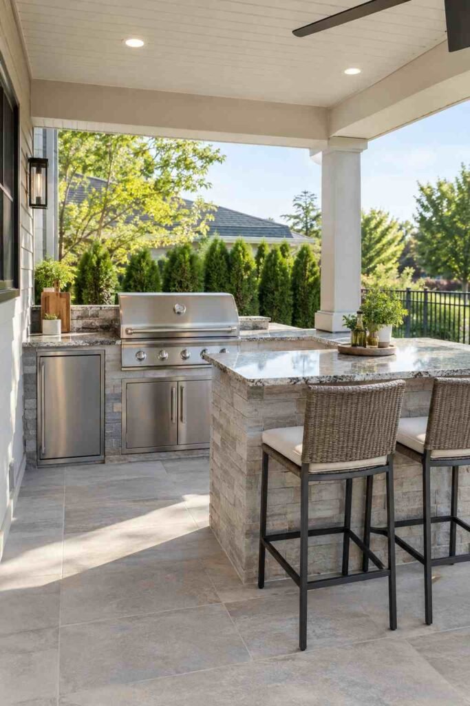 Outdoor kitchen with grill island, granite counter, and bar seating