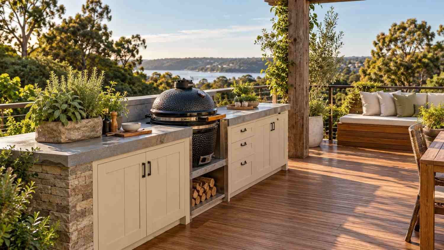 outdoor kitchen ideas on deck, Elevated deck with warm wood flooring, built-in grill island, and stone counters