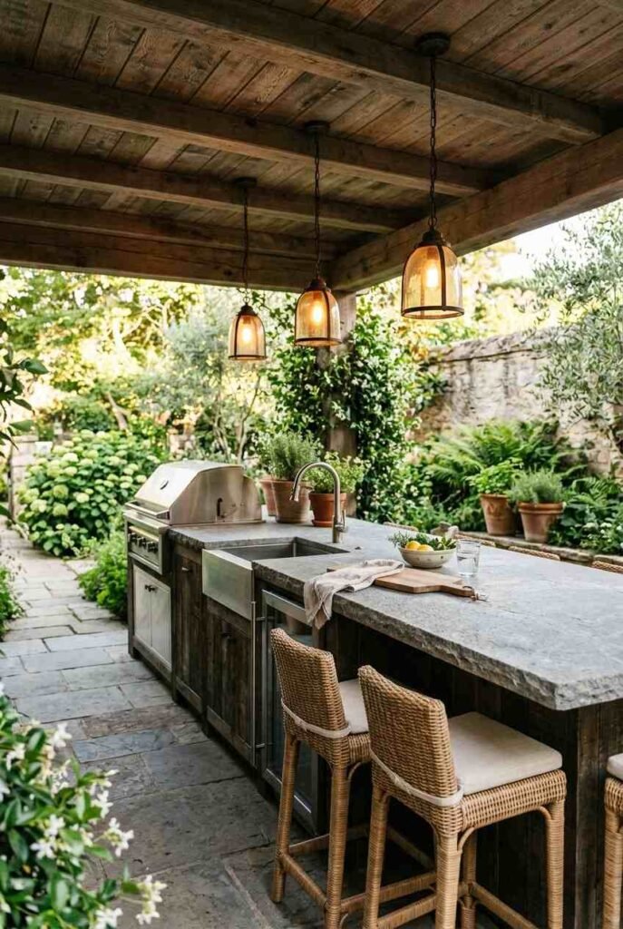 Semi-Outdoor Kitchen Ideas: 30 Covered Designs for Patios, Porches, and Balconies 5 Covered outdoor kitchen island with stone counter overhang and three woven bar stools