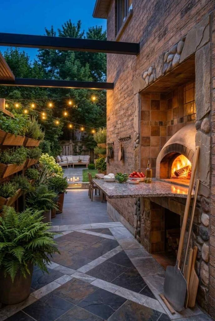 Wood-fired pizza oven built into a stone alcove beside an outdoor prep counter.