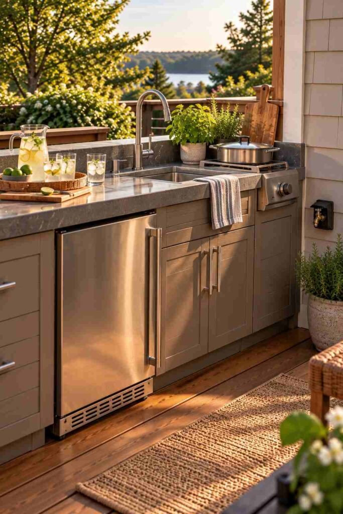 30 Outdoor Kitchen Ideas on Deck: Smart Layouts, Materials for Small, Mid-Size, and Large Spaces 11 Under-counter outdoor refrigerator, small sink, and side burner in a deck kitchen.