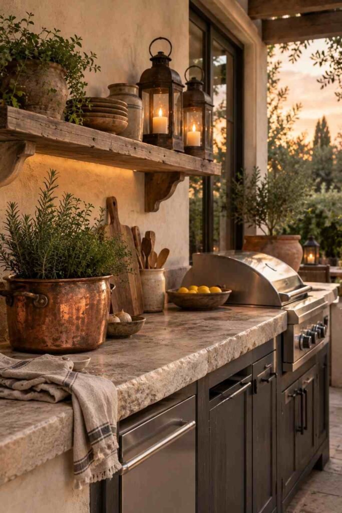 Outdoor stone kitchen with weathered wood, aged metal and antique accents
