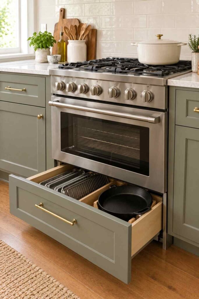Open drawer beneath an oven holding baking sheets and a cast iron pan