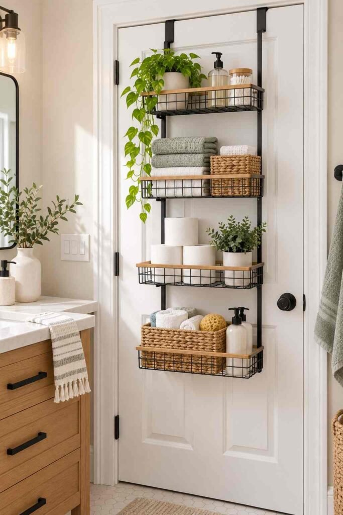 Four-tier over-the-door shelf unit holding towels and toilet paper.