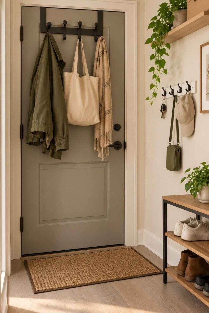 Over-the-door hooks and adhesive hooks in a small renter-friendly apartment entry