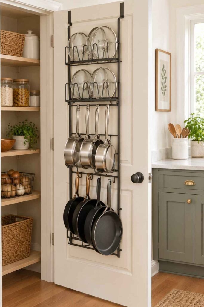 Over-the-door rack on a pantry door holding pans and lids