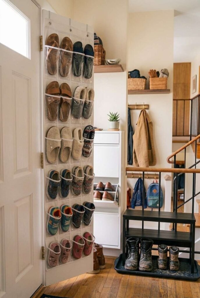Slim over-the-door shoe pockets on a front door holding sandals and kids’ shoes.