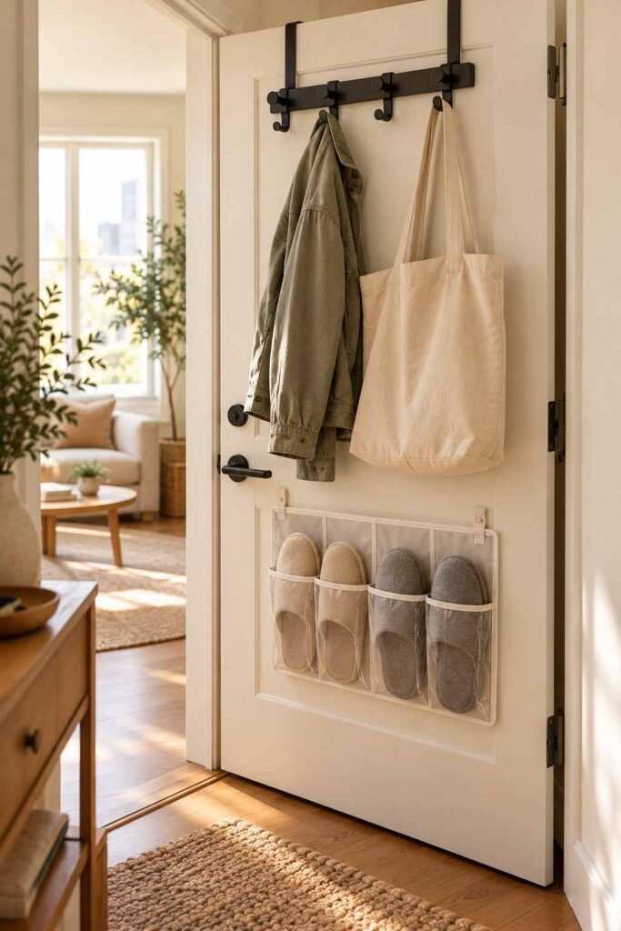 Over-the-door hooks and pocket organizer holding a jacket, tote and slippers in an apartment entry.