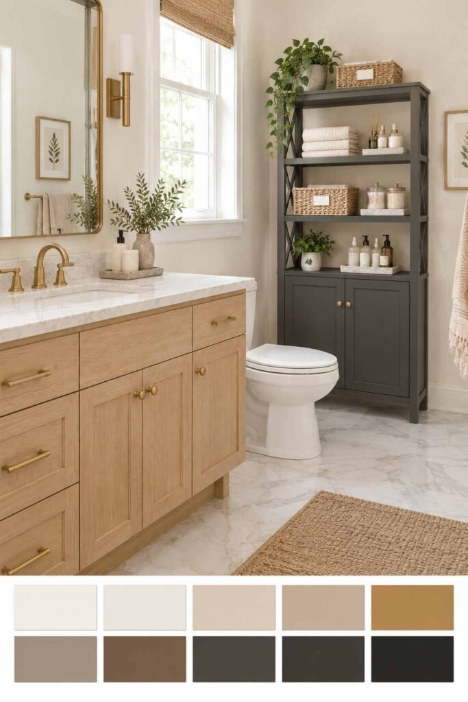 Bathroom Storage Ideas for Toiletries: 30 Smart Ways to Organize Every Space 10 Modern bathroom with a charcoal over-the-toilet cabinet and a cream, brass, and charcoal color strip below