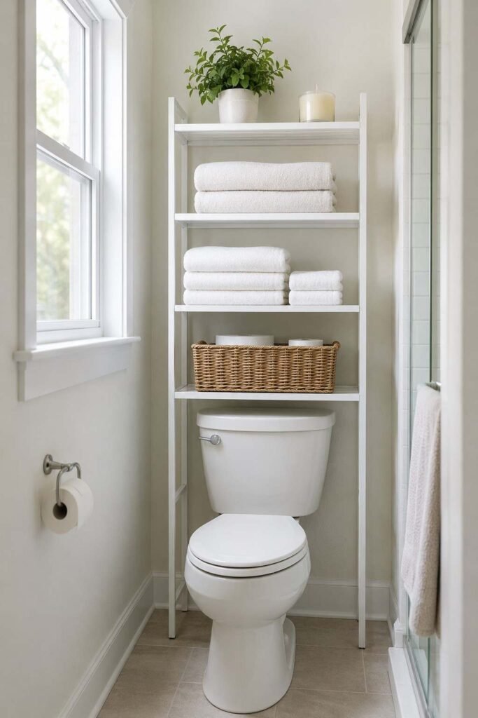 27 Bathroom Storage Ideas For Towels That Fit Into Tiny Powder Rooms to Primary Baths 11 White over-the-toilet shelf unit holding folded towels, a plant, and a basket.