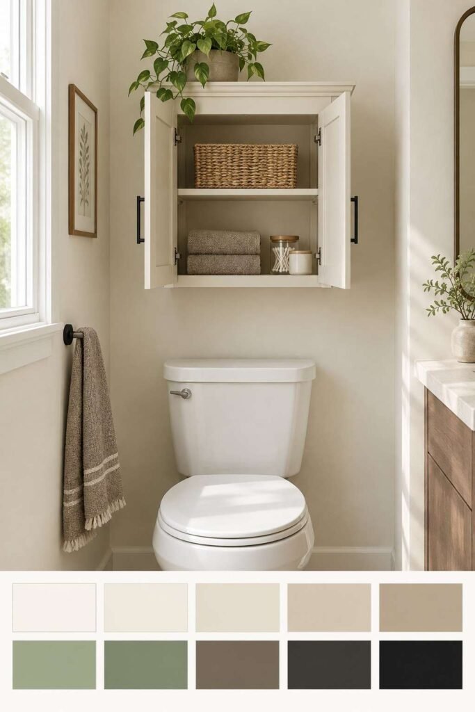Slim cream wall cabinet with black hardware above a toilet and a ten-color soft neutral palette strip