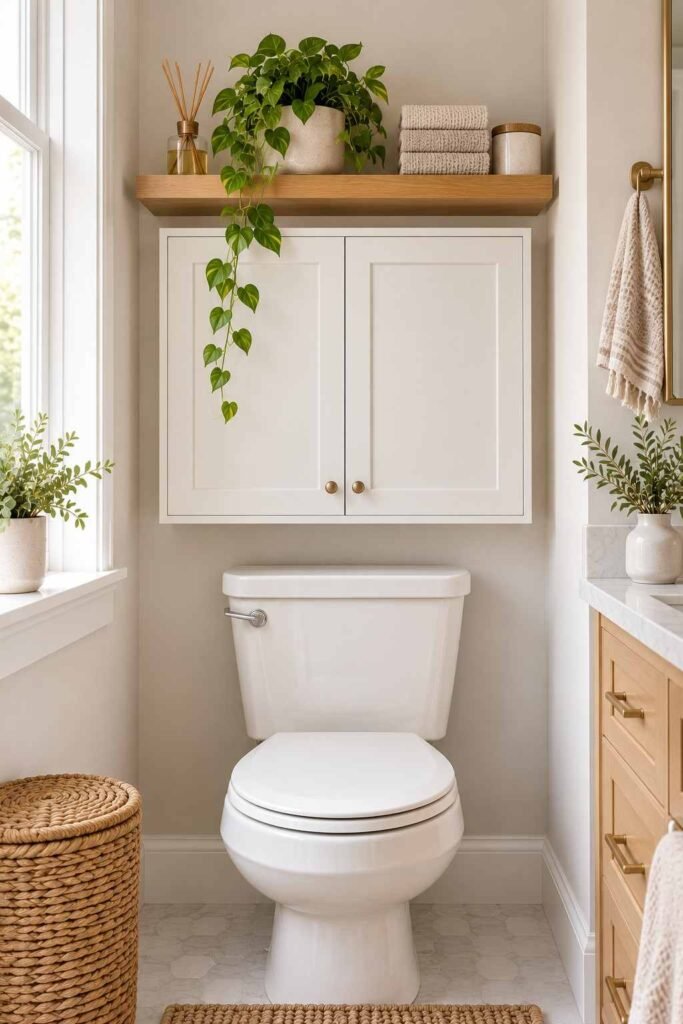 Over-toilet cabinet with closed doors and an open shelf for daily items.