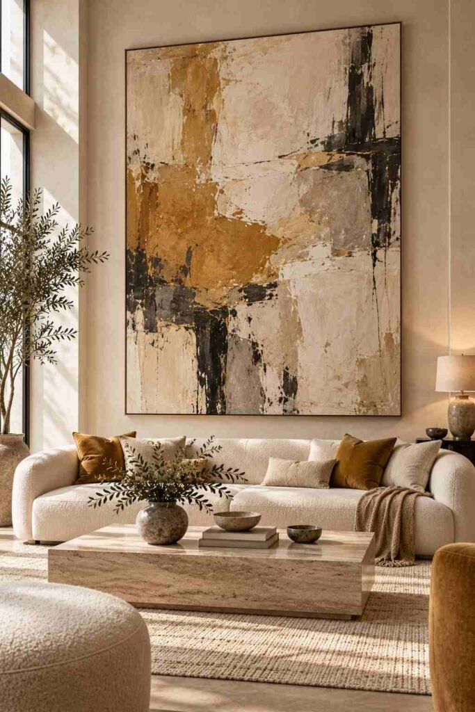 30 Luxury Wall Decor Ideas for Living Room Walls: Art, Texture, Mirrors & Lighting 3 Oversized abstract canvas in ochre and cream above a boucle sofa in a luxury living room.