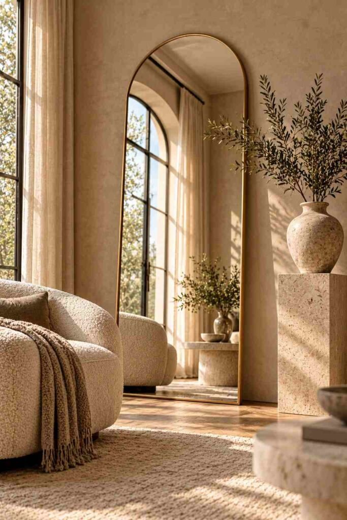 30 Luxury Wall Decor Ideas for Living Room Walls: Art, Texture, Mirrors & Lighting 13 Tall arched mirror with a brass frame leaning on a plaster wall beside a boucle chair.