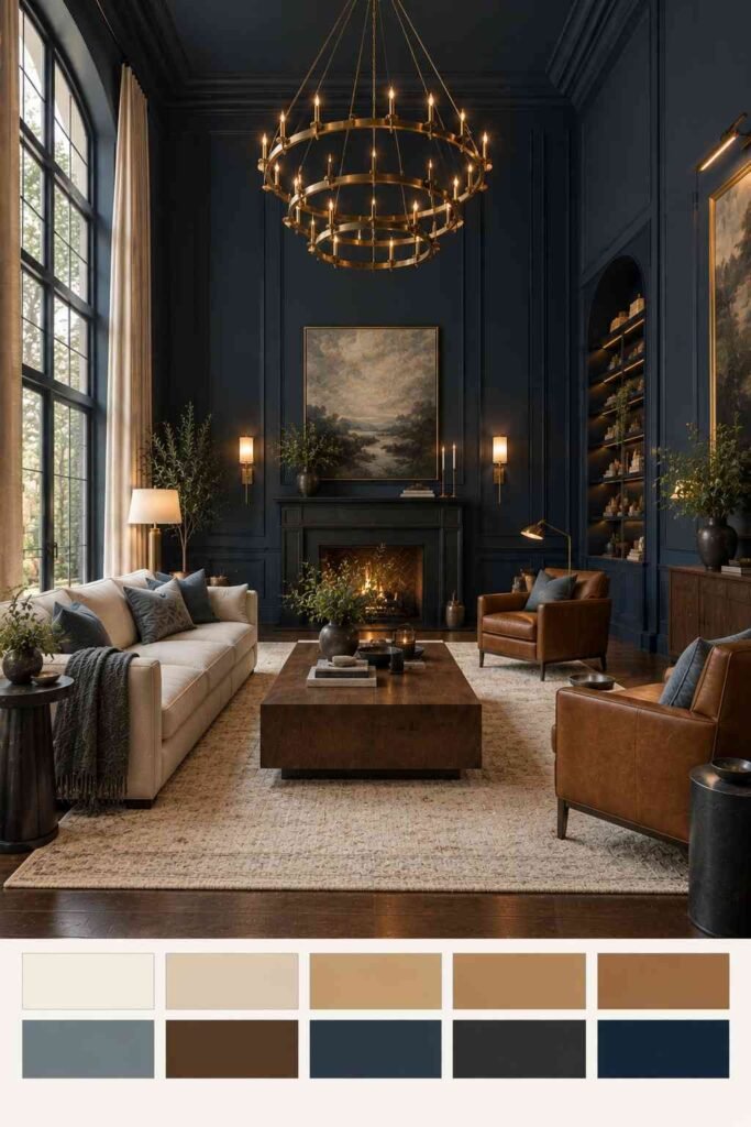 28 Dark Living Room Ideas for High Ceilings That Feel Rich, Not Gloomy (Paint, Lighting & Layout) 9 Oversized brass chandelier in a navy high-ceiling living room, with a palette strip of navy, brass, cognac, and cream