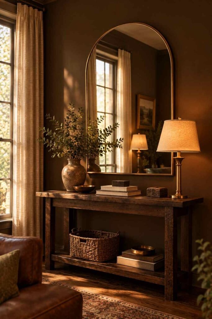Large arched mirror reflecting window light in a dark brown living room.