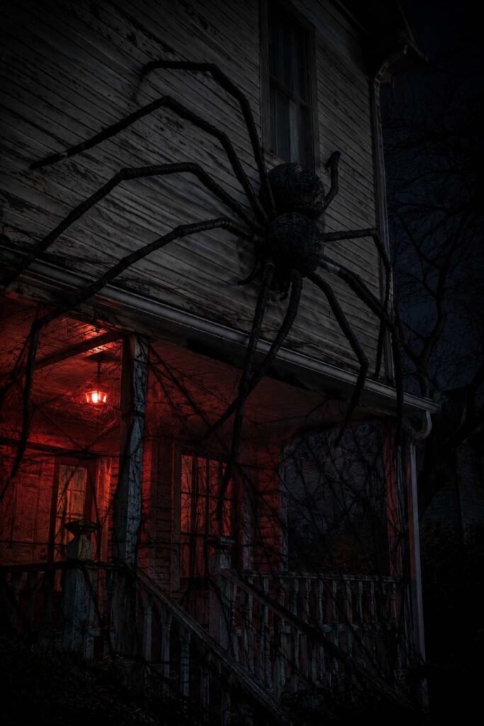 28 Halloween Party Decorations Scary Enough to Terrify Every Guest 7 Giant black spider on a porch wall with yarn webs as a scary Halloween party decoration.