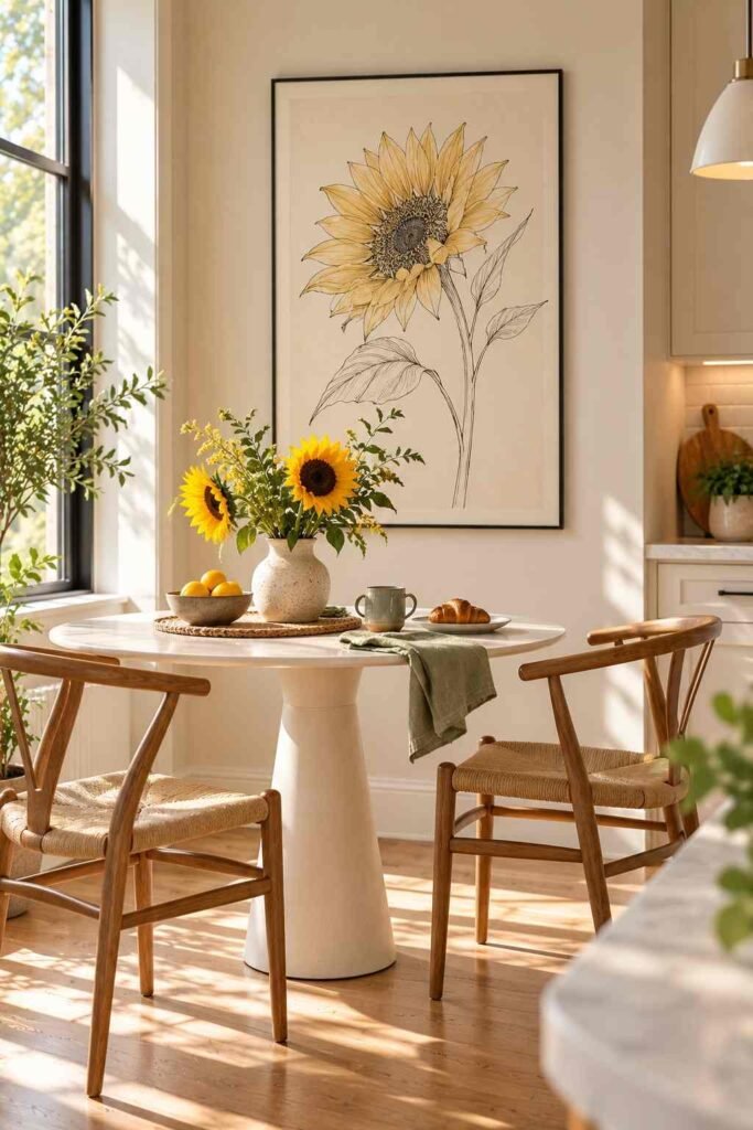 30 Sunflower Kitchen Decor Ideas Modern: From Wall Art to Backsplash Tile 3 Large framed sunflower line drawing above a breakfast table in a modern kitchen.