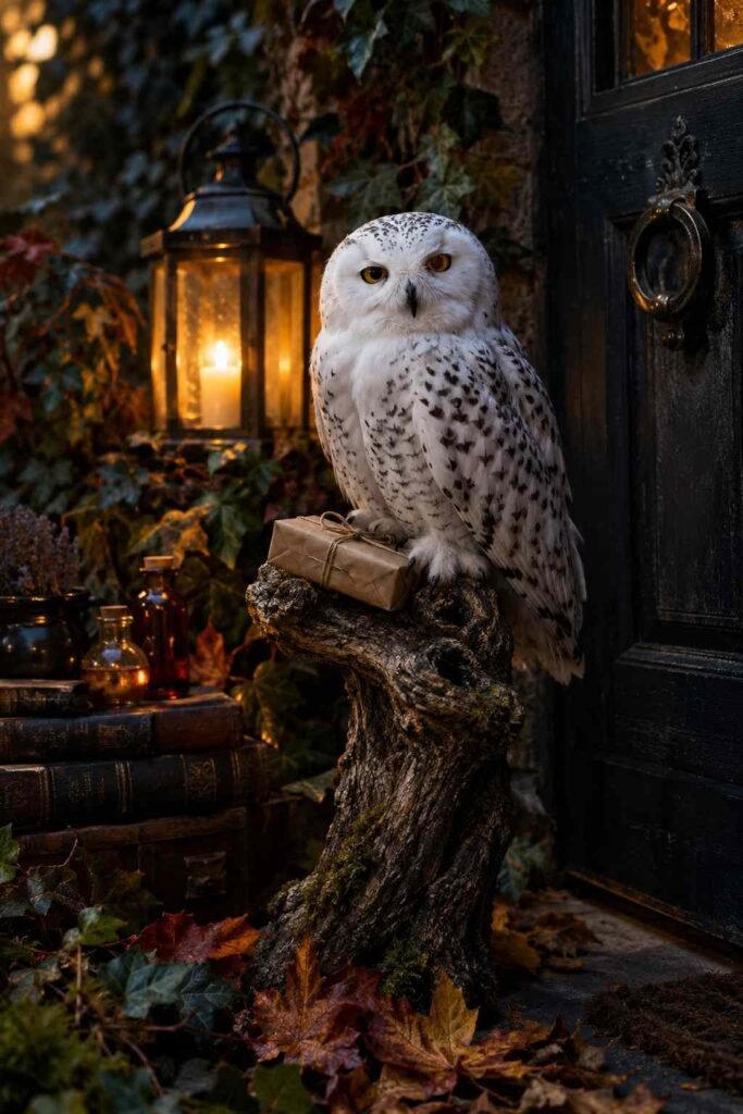 Faux snowy owl on a rustic branch perch beside a porch door with a small wrapped parcel.