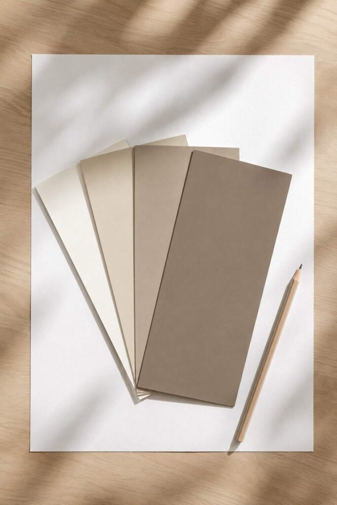 Neutral paint chips held against white paper to compare warm and cool undertones