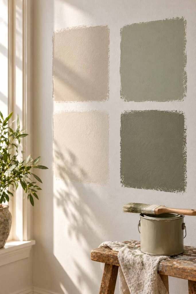 Four painted sample patches on a wall to test paint colors before choosing