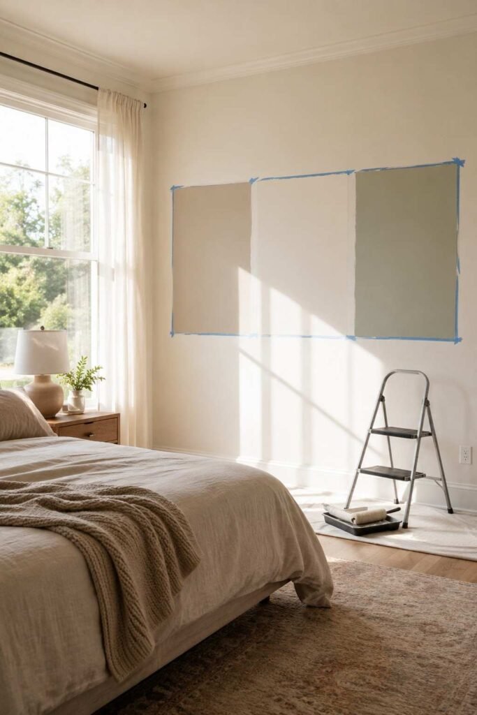 Three paint test squares on a bedroom wall in morning natural light