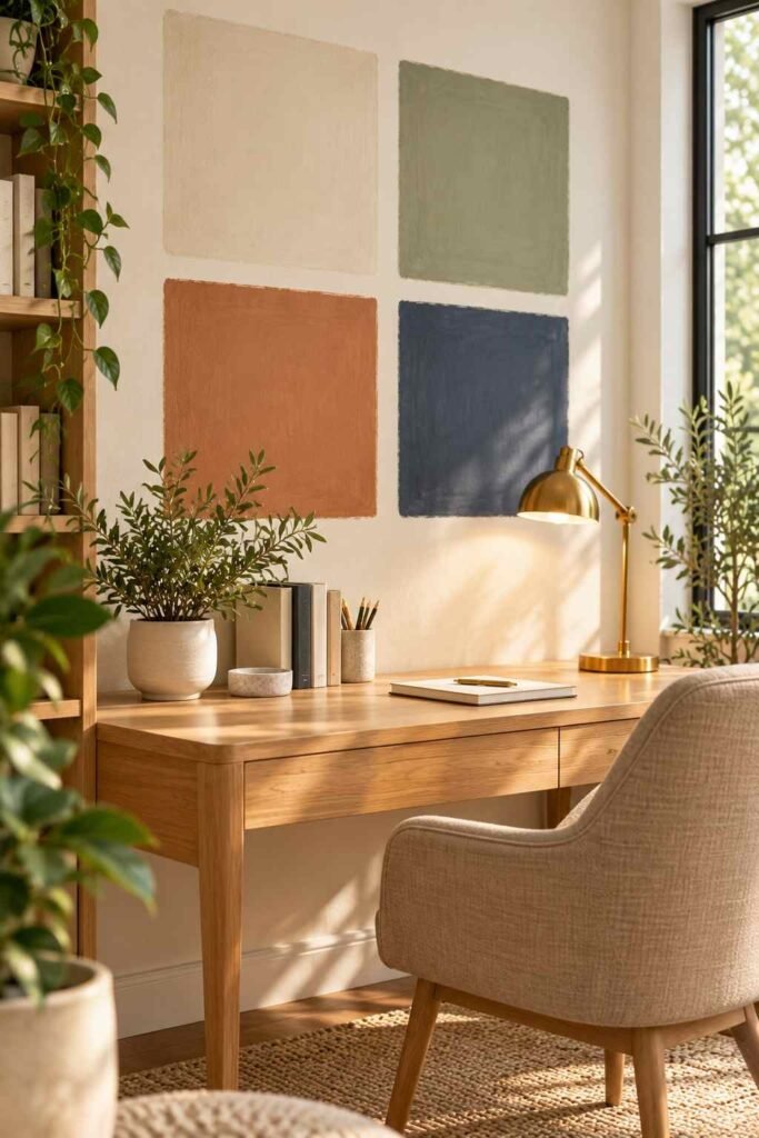 Paint sample squares tested on a home office wall above a wooden deskFour paint samples are tested on a wall at different distances from a window.