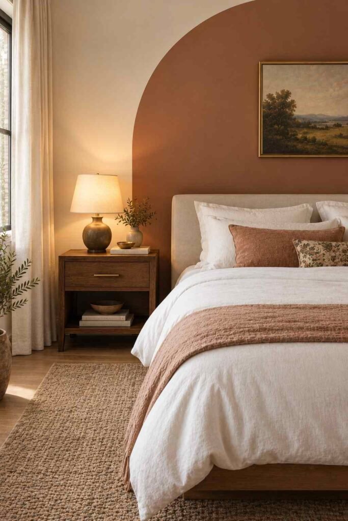Clay-colored painted arch behind a bed on a white bedroom wall.