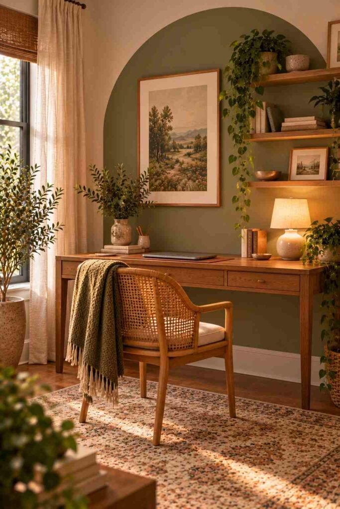 Painted arch accent wall behind a desk in a home office