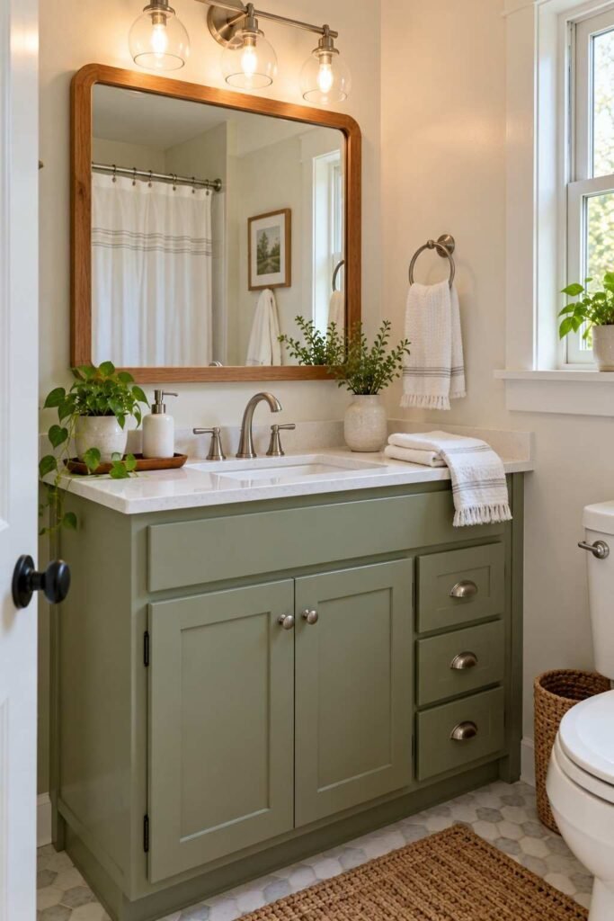 Painted bathroom vanity with a new faucet, framed mirror and light fixture.