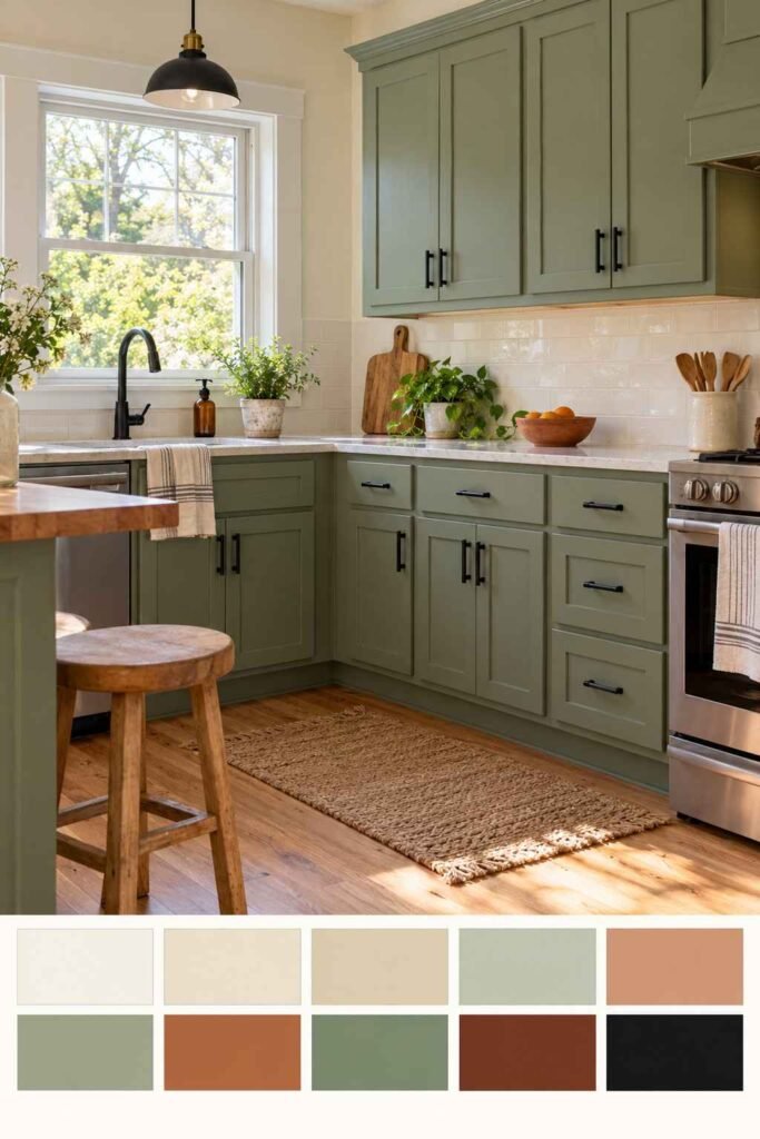 Kitchen with painted sage green cabinets, black hardware and a ten-color swatch strip.