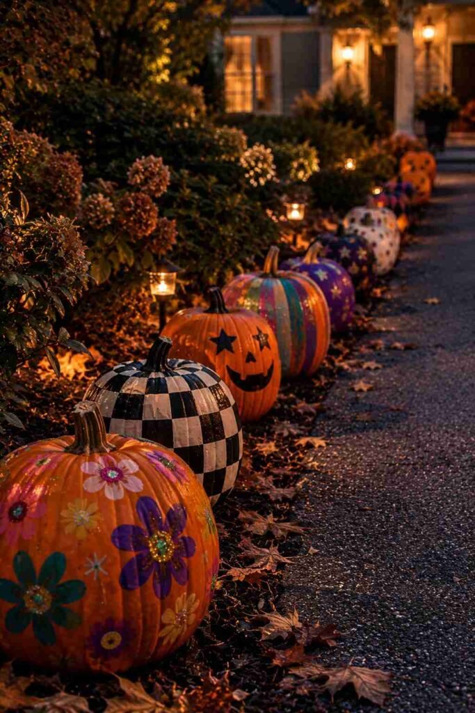 Painted pumpkins in bright patterns lined up along a driveway