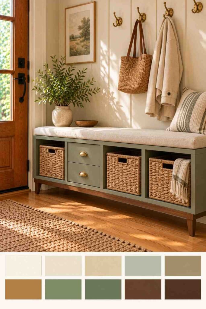 Sage green painted Kallax shelf on walnut legs with cream cushion and brass hooks, with sage color palette strip below.