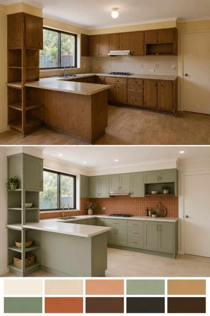 Home Remodeling Before and After: 28 Room-by-Room Transformations 3 Kitchen cabinets before and after painting sage green, with a color palette strip of cream, sage, terracotta and walnut.